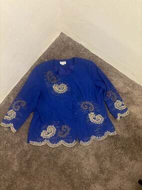 Vango Vintage Royal Blue Embroidered Scallop Hem Blazer Jacket Size 26